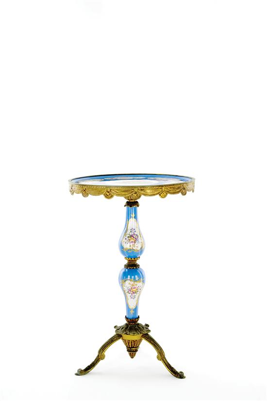 Appraisal: French bronze-mounted porcelain pedestal table circular hand-painted and transfer-decorated dished