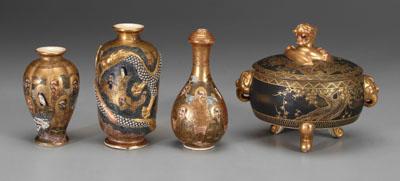 Appraisal: Four pieces Japanese satsuma lidded tripod box gilt and brown