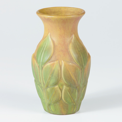 Appraisal: ROSEVILLE Early Velmoss vase embossed with leaves under a green-brown