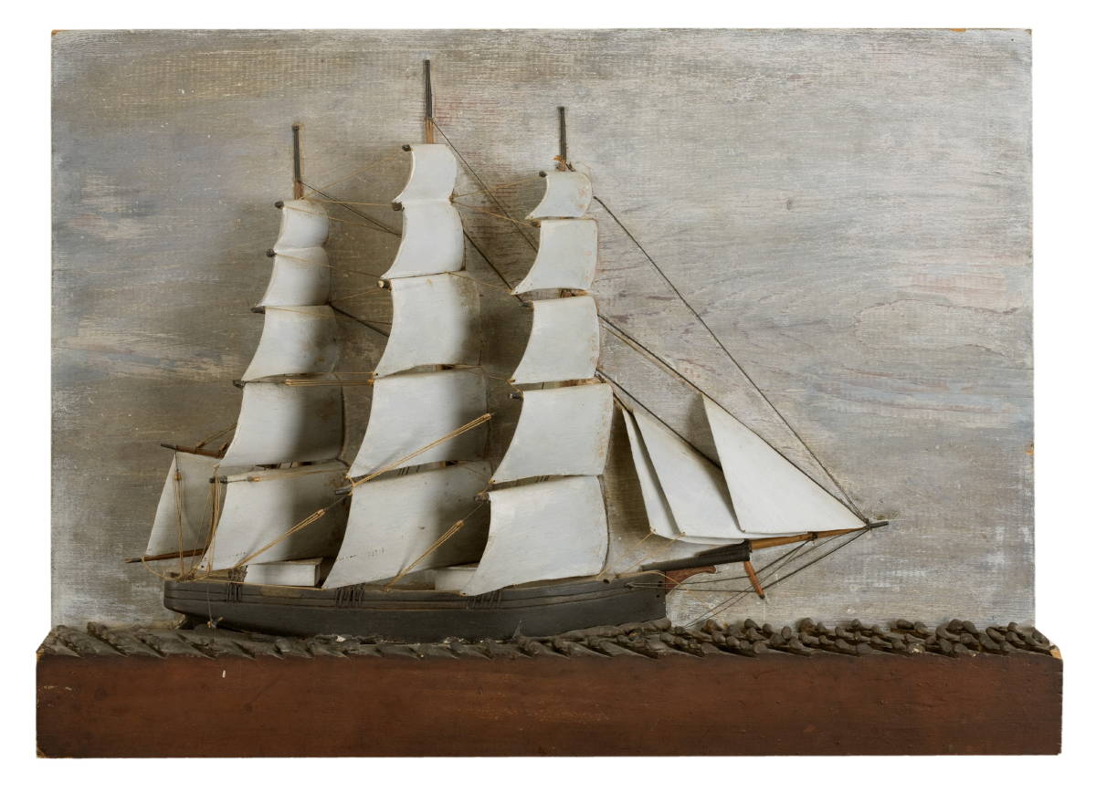 Appraisal: CARVED AND PAINTED HALF-MODEL OF A THREE-MASTED SHIP ON CHOPPY