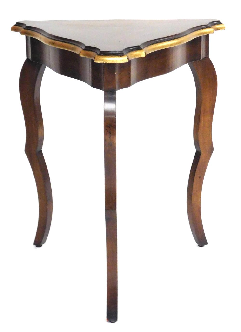 Appraisal: Triangular side table modern walnut finish with ebonized and gilt