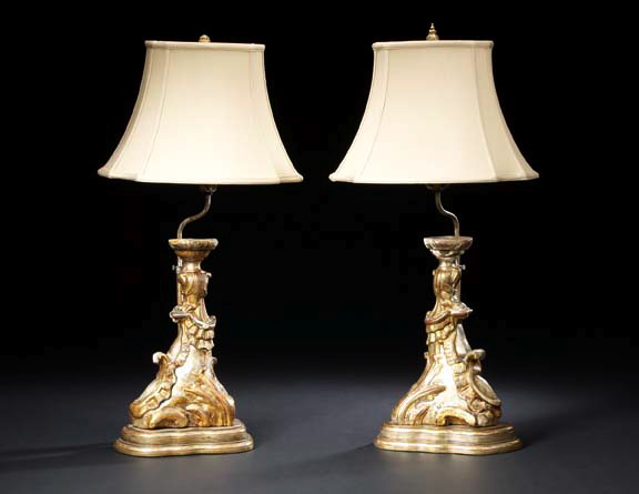 Appraisal: Pair of Italian Carved Silvered and Parcel-Giltwood Flat-Back Candlestands in