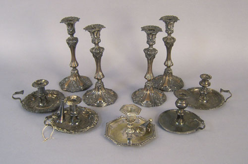 Appraisal: Three pair of silver plated candlesticks late th c together