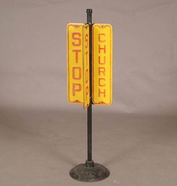 Appraisal: Church Stop Sign four double sided embossed enameled metal panels