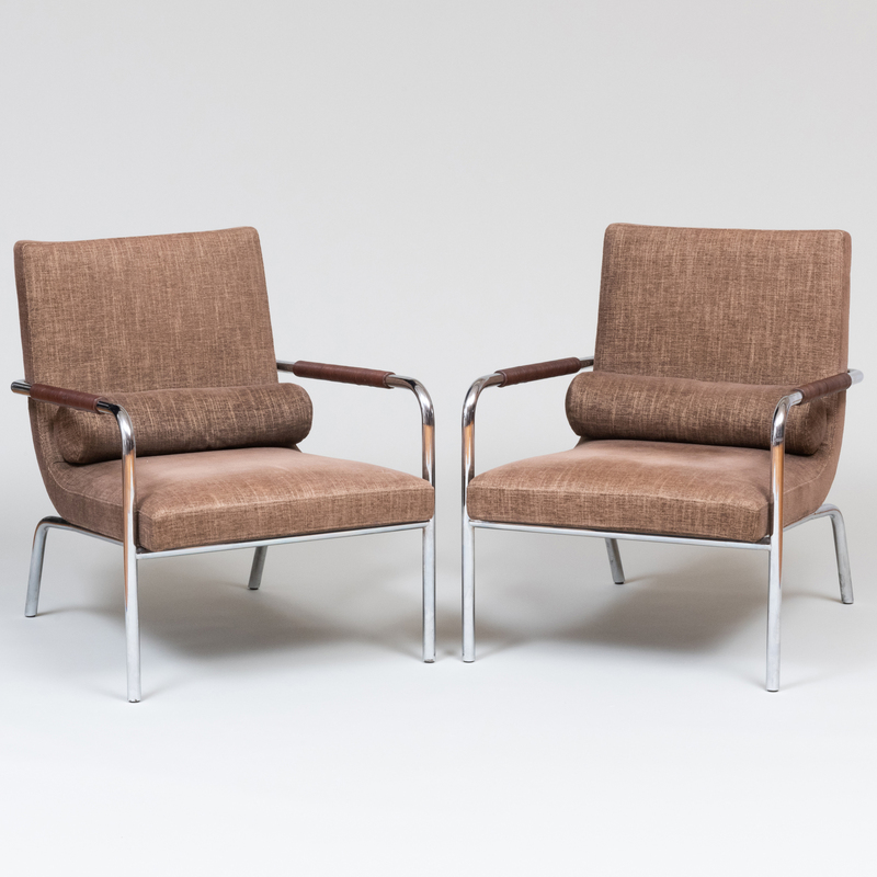 Appraisal: Pair of Modern French Chrome and Linen Upholstered Armchairs Ligne