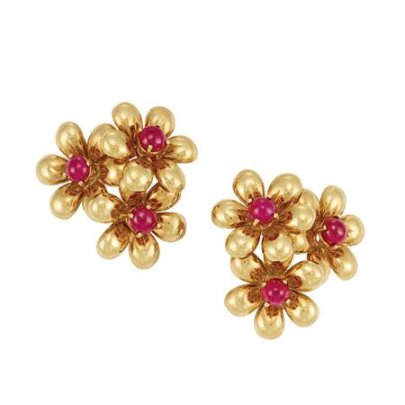 Appraisal: Pair of Gold and Cabochon Ruby Flower Earrings Estimate -