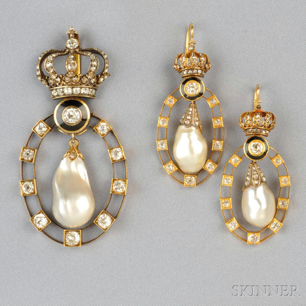 Appraisal: Gold Baroque Pearl and Diamond Suite the pendant flexibly set