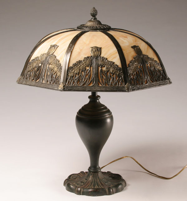 Appraisal: Slag glass lamp urn-shaped base eight panel shade with embossed