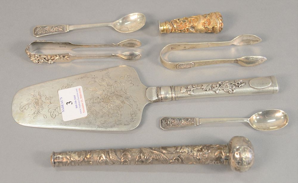 Appraisal: Japanese silver lot to include server tongs and spoons one