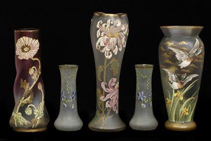 Appraisal: FIVE ART GLASS ENAMELED SATIN-FINISH GLASS VASES Comprising a pair