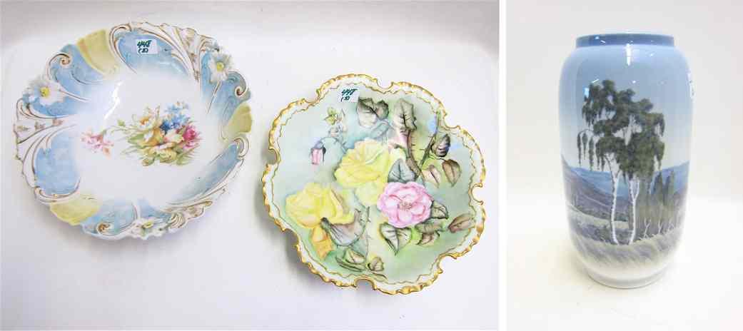 Appraisal: TWO GERMAN HAND PAINTED BOWLS AND ROYAL COPENHAGEN PORCELAIN VASE