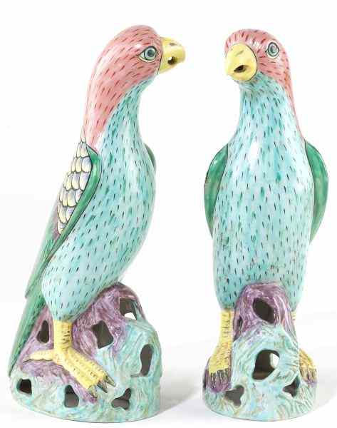 Appraisal: Pair of French Majolica Parrotsprobably early th century colorfully glazed