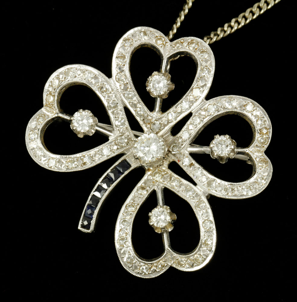 Appraisal: - K Gold Diamond and Sapphire Clover Pin K white