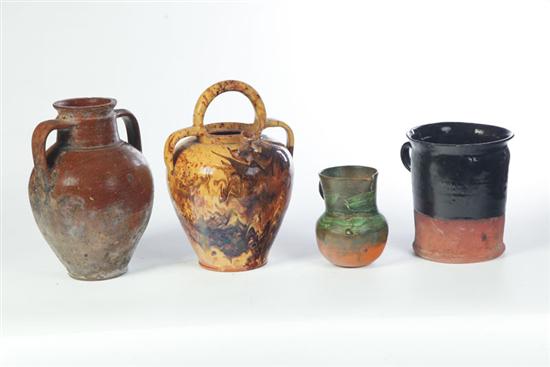 Appraisal: FOUR REDWARE JARS Probably European mid th century Amphora with