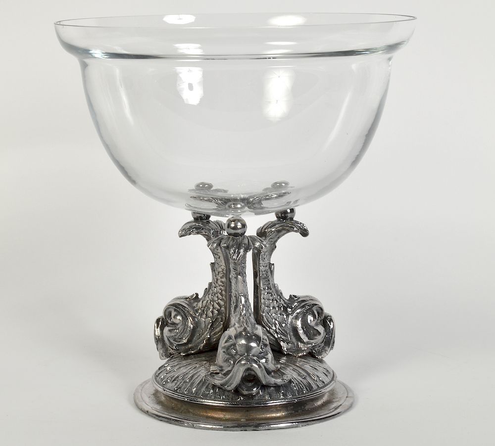 Appraisal: Glass Centerpiece on Silverplate Dolphin Base Clear glass dome shaped