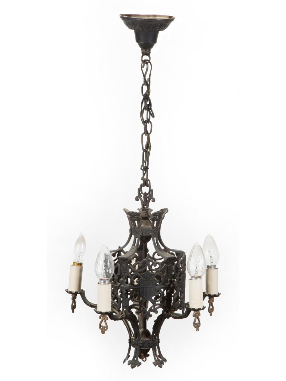 Appraisal: Small Continental Iron Five-Light Chandelier cage form cast with shields