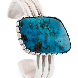 Appraisal: Julian Lovato Kewa - Sterling Silver and Turquoise Cuff Bracelet