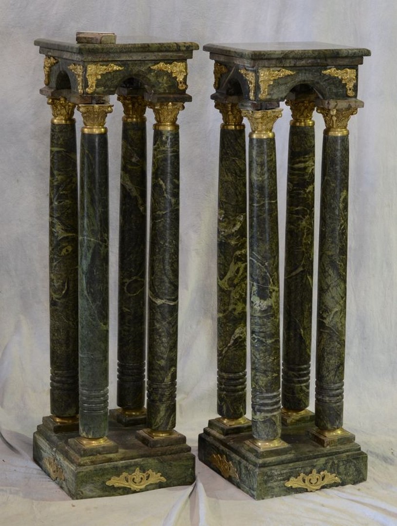 Appraisal: Pr green marble Empire style pedestals each with column support