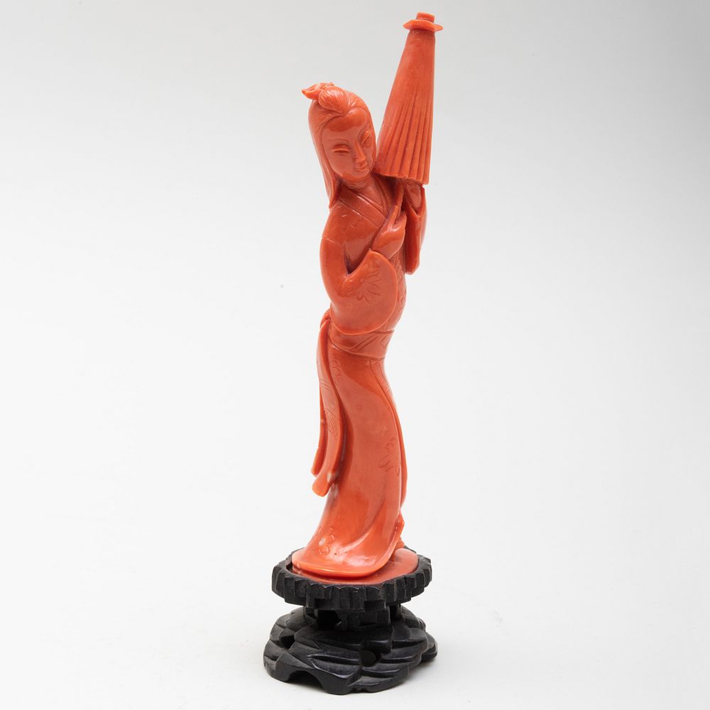 Appraisal: Chinese Coral Figure of a Japanese Girl With wood stand