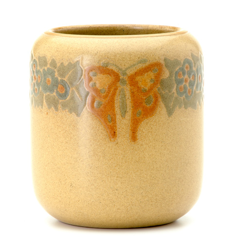 Appraisal: MARBLEHEAD Barrel-shaped vase incised with stylized butterflies and blooms in