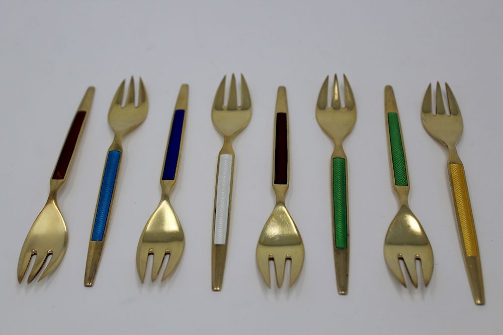 Appraisal: MEKA Denmark Sterling Enameled Forks MEKA Denmark Sterling Enameled Forks