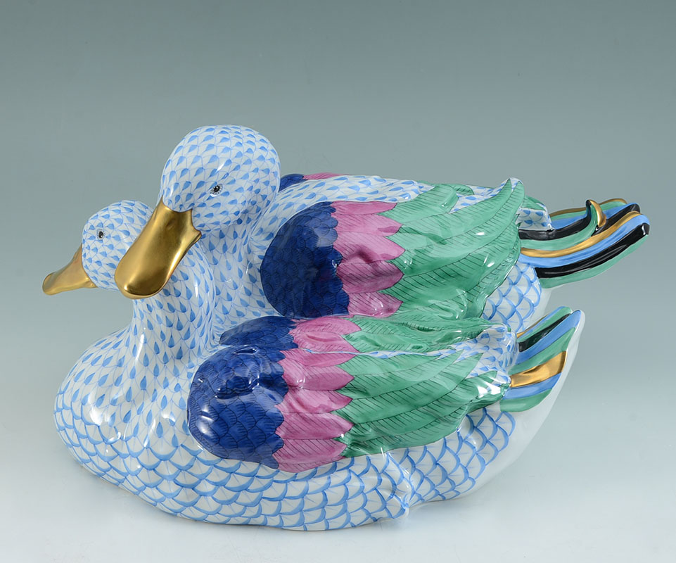 Appraisal: LARGE BLUE HEREND FISHNET DUCKS FIGURAL GROUP Porcelain figural group