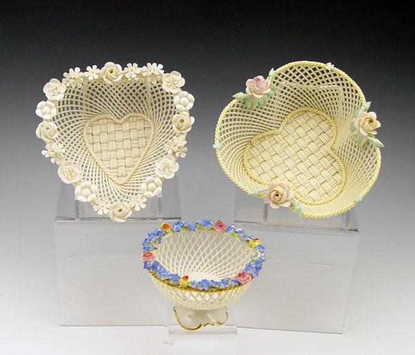 Appraisal: BELLEEK PORCELAIN WOVEN BASKETS AND A VON SCHIERHOLZ Heart shape