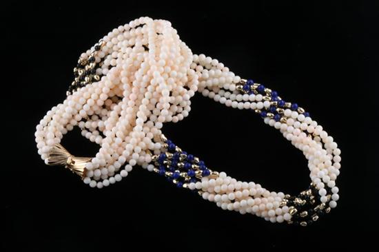 Appraisal: EIGHT-STRAND INTERTWINED ONYX LAPIS LAZULI AND GOLD BEAD NECKLACE K