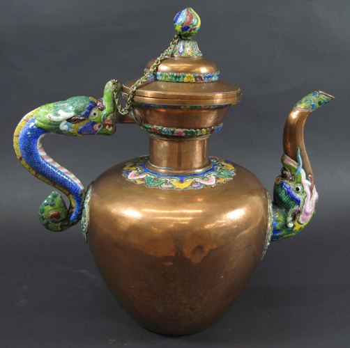 Appraisal: MID-EASTERN COPPER HOT WATER TEA KETTLE overlaid with pottery dragon