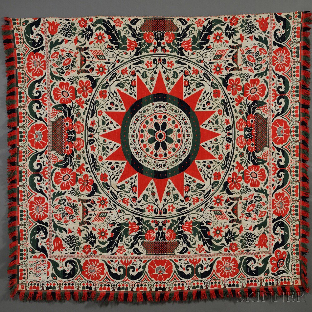 Appraisal: Three-color Woven Wool and Cotton Coverlet with Basket of Flowers