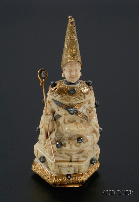 Appraisal: Continental Carved Ivory Gold and Stone-set Figural Snuff Bottle late