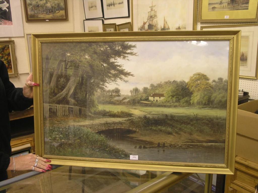 Appraisal: B T Wadham - large watercolour stream and farm buildings