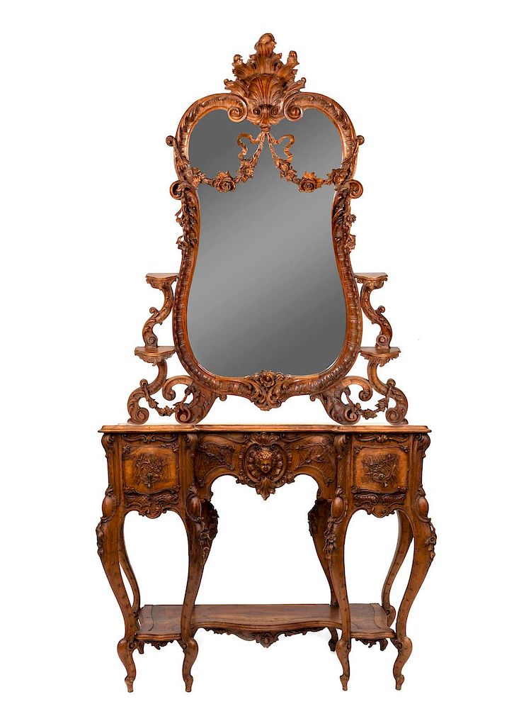 Appraisal: A Belle Epoch Carved Fruitwood Console Table with Mirror Height