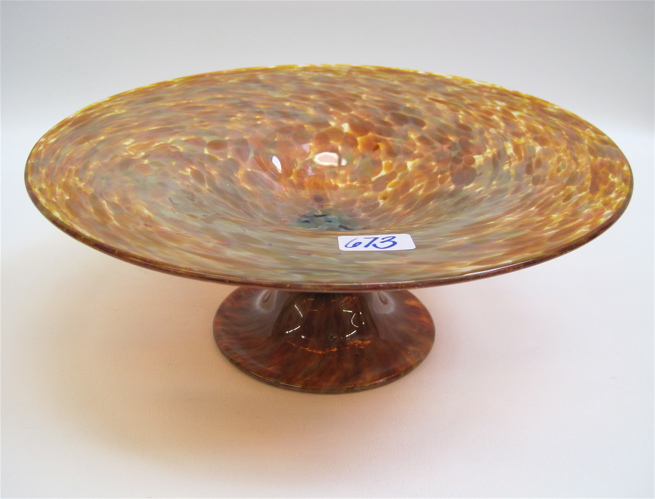 Appraisal: SIGNED FRENCH ART VERRIER GLASS COMPOTE mottled amber and yellow