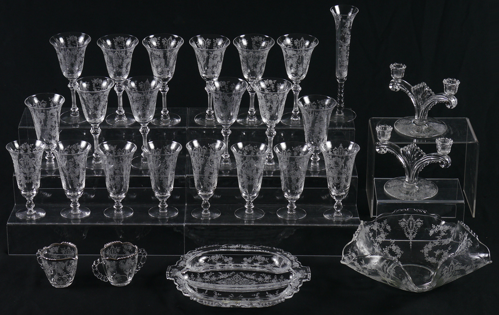 Appraisal: TIFFIN CHEROKEE ROSE ETCHED GLASS SUITE Approx pieces in the