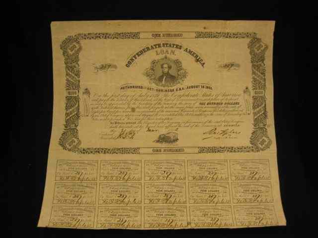 Appraisal: Confederate Civil War Bond with coupons attached '' x ''