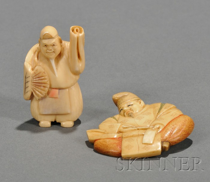 Appraisal: Two Ivory Carvings Japan a netsuke carved as a man