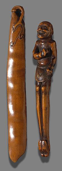 Appraisal: Two wood sashi studies The first depicting a laughing ashinaga