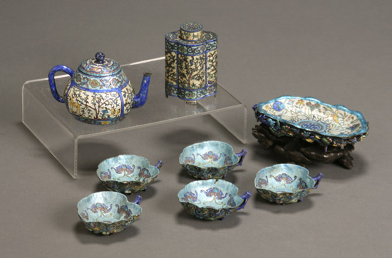 Appraisal: Chinese Beijing Enameled Silver Eight-Piece Tea Set Late th-Early th