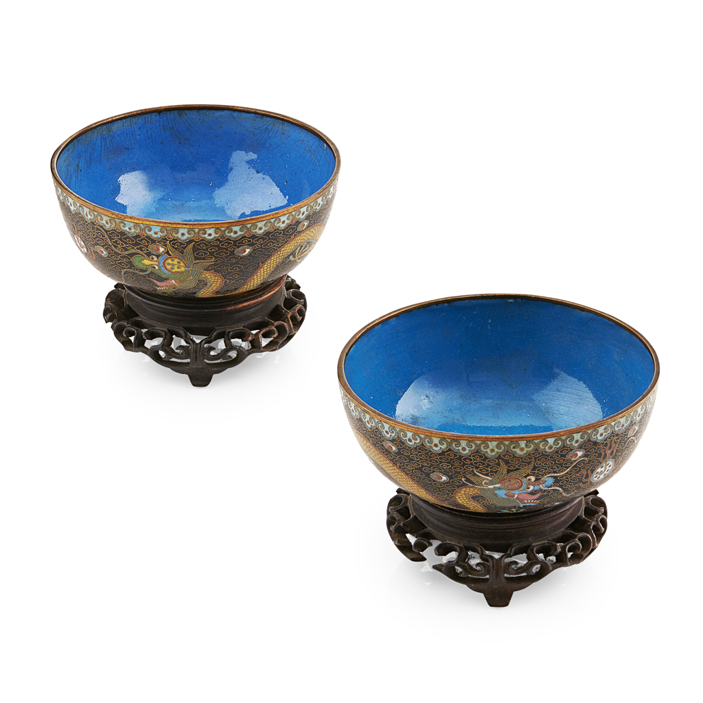 Appraisal: PAIR OF CLOISONN BOWLS painted in coloured enamels with a