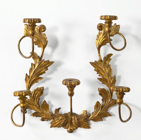 Appraisal: Large Italian Carved Giltwood and Gilded Wrought-Iron Lyriform Five-Light Applique