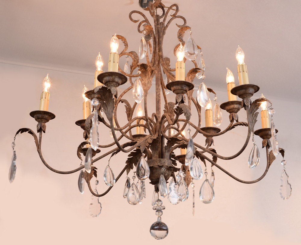 Appraisal: LIGHT CONTINENTAL METAL CHANDELIER light patinated metal with foliate decoration