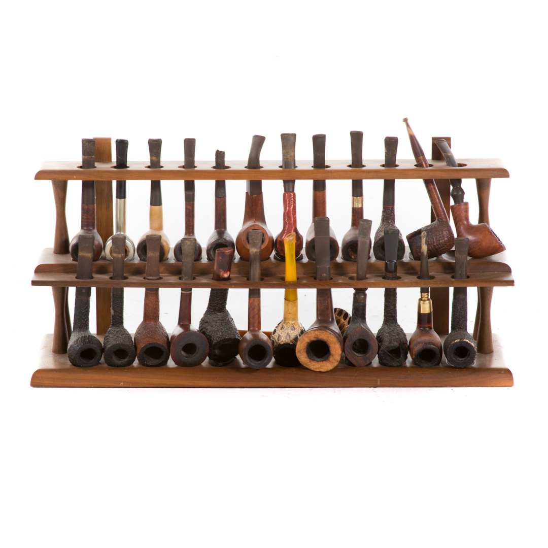 Appraisal: Rosewood hanging pipe rack with pipes two-tier rack with different