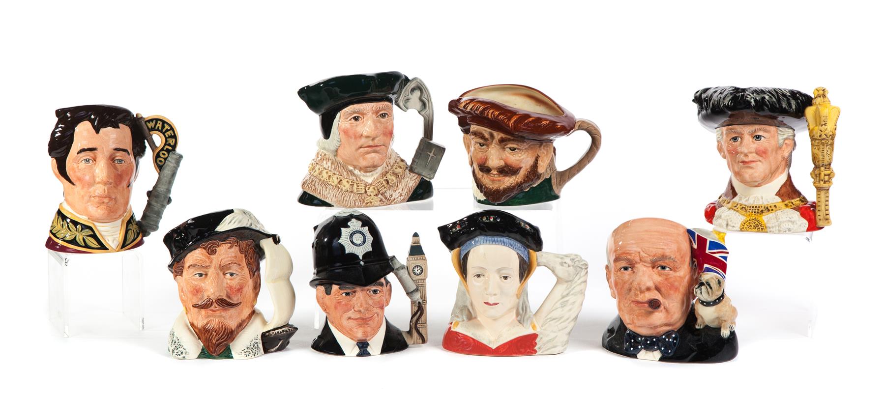 Appraisal: EIGHT ENGLISH-THEMED ROYAL DOULTON CHARACTER MUGS England nd half- th