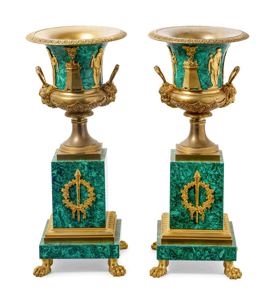 Appraisal: A Pair of Empire Style Gilt Bronze Mounted Malachite Veneered