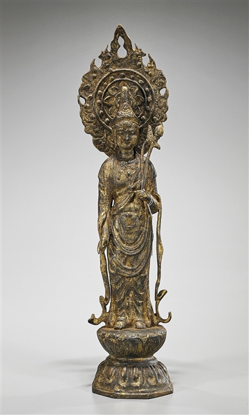 Appraisal: Tall Korean gilt bronze Kannon figure standing atop a double