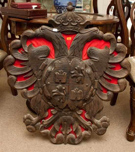 Appraisal: Carved wood double eagle heraldic wall plaque Estimate - No