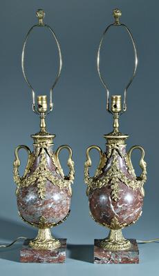 Appraisal: Pair bronze mounted marble lamps mottled red marble urns swan