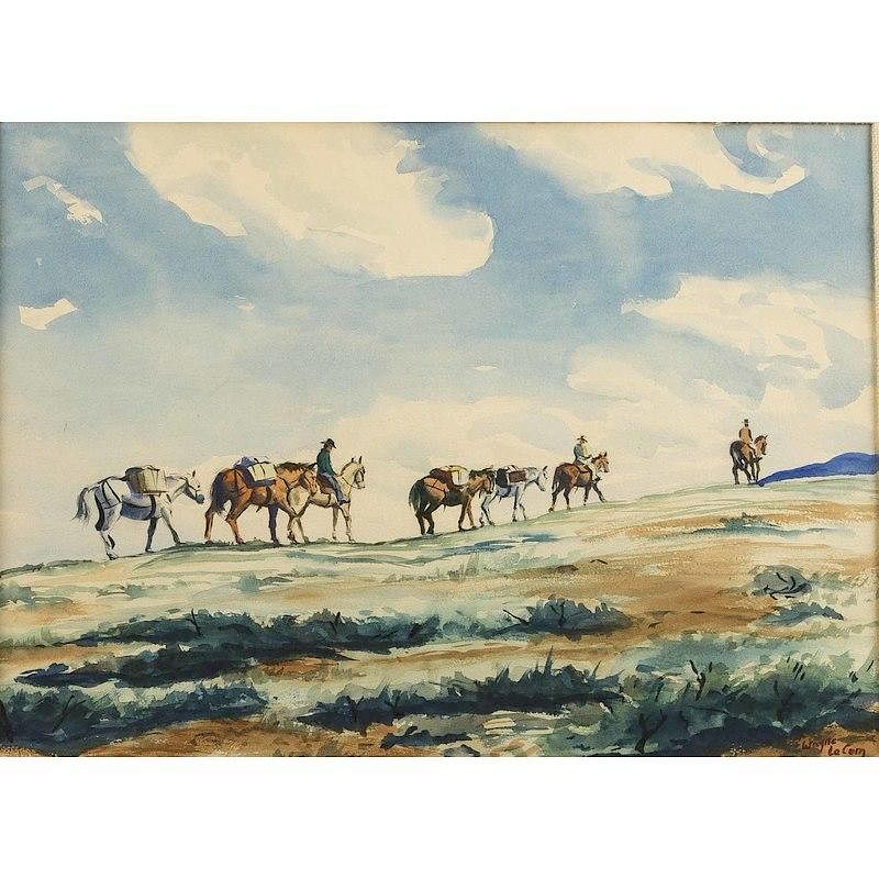 Appraisal: Wayne La Com Painting Framed watercolor depiction of cowboys and