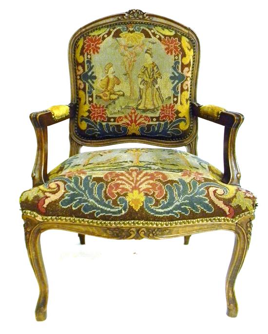 Appraisal: Louis XVI style fauteuil carved and molded beechwood floriated crest